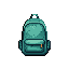 This pixel art showcases a worn, teal backpack rendered in meticulous detail, its muted tones broken only by a vibrant orange zipper. The retro style and desaturated palette evoke a sense of nostalgia and utilitarian readiness.