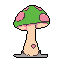 This charming pixel art features a green and pink mushroom with a sweet, pink heart detail on its stem. The simple design and pastel colors evoke a cute, nostalgic vibe.