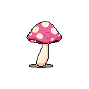 This pixel art features a whimsical, pink mushroom floating in a void, its vibrant colors and classic style evoking a sense of nostalgia and magic. The stylized fungi stands tall with subtle shading and details, creating a cute and eye-catching design.
