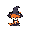 A cute, pixelated kitsune dons a witch's hat, its curious gaze and warm orange fur radiating a whimsical charm. This endearing fox character, set against a stark background, brings a touch of retro magic to life.