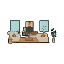 Three pixel art characters are relaxing in a cozy living room, with two figures seated on sofas watching TV and a third standing nearby, perhaps enjoying a warm drink. The scene evokes a peaceful, nostalgic vibe with its muted colors and blocky style.