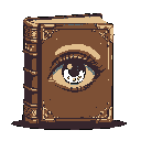 This pixel art features an ornate, aged book with a captivating human eye embedded in its cover. The watchful eye and detailed binding create an intriguing, slightly arcane vibe, hinting at hidden knowledge and secrets within.