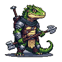 This pixel art depicts a battle-ready reptilian warrior, clad in detailed armor and wielding spiked maces, standing alert against a dark backdrop. The character's design evokes a classic fantasy RPG aesthetic, showcasing its rugged and capable nature.