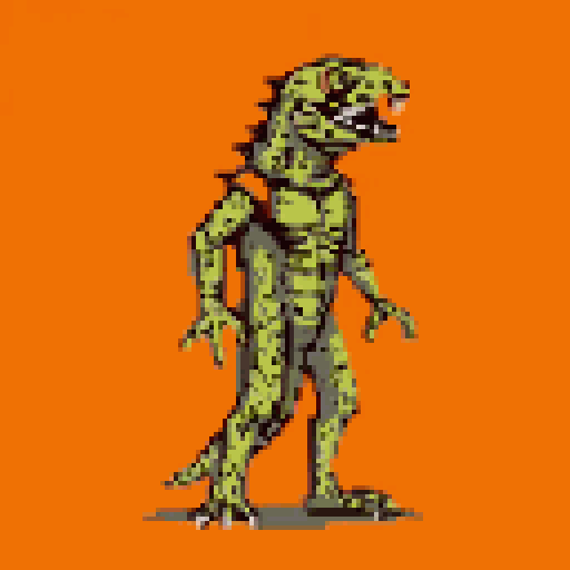 A muscular, light green lizard creature snarls in this pixel art image, its reptilian features and aggressive stance hinting at menace. Light brown shoulder armor completes the look, all set against a vibrant orange backdrop.