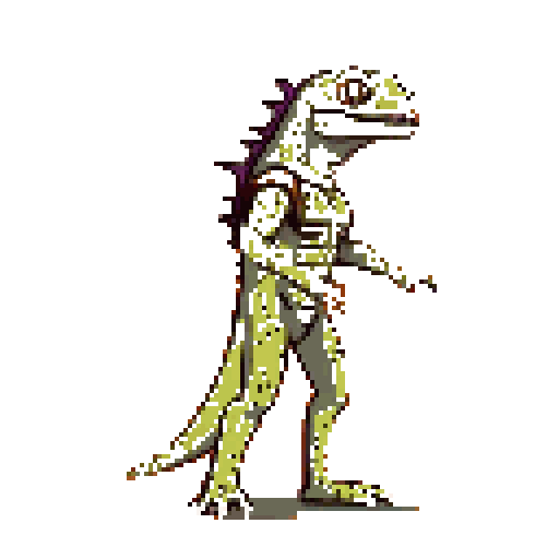 A retro-styled pixel art image features a relaxed, bipedal lizard creature with mottled green skin and purplish-brown crest, possibly clad in armor. Its earthy color scheme and posture evoke a classic, old-school feel.