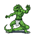 This pixel art depicts a muscular, bipedal lizard creature in a dynamic fighting stance, rendered in vibrant greens with a retro video game aesthetic. The aggressive pose and detailed shading create an energetic and powerful character design.