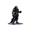 A heavily armored futuristic warrior stands ready, clad in dark plating accented by glowing orange highlights. This imposing figure, helmeted and anonymous, evokes a sense of powerful mystery.