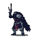 A formidable, dark knight stands poised with a bladed spear, its red eye gleaming ominously. The pixel art warrior, rendered in shades of purple and gray, exudes power and declares its presence against a stark black background.