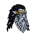 A powerful, ancient being with glowing eyes and a stone-like beard stares intently forward, his stern expression conveying immense determination. This detailed pixel art portrait captures the essence of a formidable fantasy character, radiating stoic intensity and ancient power.