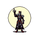 A pixel art knight stands victorious, wielding a unique trident-like weapon, their regal armor highlighted against a stark, contrasting halo. The imposing figure exudes power and hints at a dark fantasy narrative.