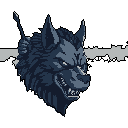 This pixel art showcases a fierce, stylized wolf head, possibly a werewolf or cyborg canine, snarling with intensity. The creature's aggressive expression is emphasized by sharp details and a cool, dark color palette. A subtle, antenna-like protrusion hints at a futuristic or technologically enhanced nature.