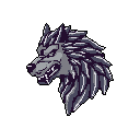 This pixel art showcases a fierce wolf head in profile, snarling with sharp teeth and bristled fur, rendered in stark grayscale. The aggressive design evokes a sense of wild strength and untamed power.