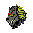 This pixel art image features an aggressive, cybernetically enhanced wolf head snarling with glowing red eyes and sharp fangs. The menacing canine design blends organic features with robotic elements in a striking display of futuristic power.