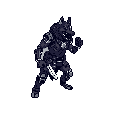 This pixel art image showcases a battle-ready, anthropomorphic wolf warrior with a fierce snarl, poised to strike with a serrated blade. The imposing character's design and muted color palette create a menacing and powerful presence against a stark background.