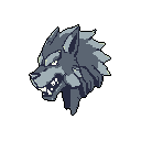 This pixel art portrait captures the intense, snarling face of a wolf-like creature in profile. The desaturated blue-grey palette and sharp contrasts emphasize its fierce and powerful presence.