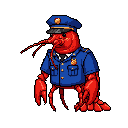This pixel art image features a bipedal lobster dressed in a detailed blue police uniform, complete with a cap and badges. The unexpected combination creates a quirky and surreal visual.