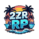 This pixel art features a bold "2ZRP" logo in gradient blues, set against a vibrant sunset backdrop with silhouetted palm trees and a cityscape by the beach. The retro aesthetic evokes a nostalgic, tropical vibe.