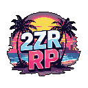 This pixel art emblem features "2ZZR RP" in retro, neon-lit text set against a vibrant tropical sunset with silhouetted palm trees and a distant city skyline. The design evokes a nostalgic, synthwave aesthetic.