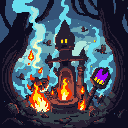 A dark, multi-tiered tower erupts with fiery magic in a hidden forest clearing, watched over by a horned creature tending a bonfire. Glowing eyes and a crystal-topped staff hint at powerful, nocturnal rituals unfolding beneath the starry sky.