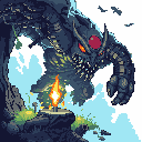 A colossal, armored monster with glowing eyes and a gaping maw descends, radiating power and menace. This formidable beast dwarfs all before it, suggesting an epic confrontation.