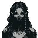 This pixel art portrait features a dark-skinned elven character with a masked face and intense gaze, rendered in striking grayscale. The mysterious figure, adorned with braided hair, exudes an air of ancient wisdom and hidden secrets.