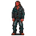 This pixel art image features a reddish-orange skinned man with long reddish-brown hair and a beard, clad in a dark leather jacket and pants. His neutral expression and slightly slumped posture create a mysterious and gritty character with a retro-game vibe.