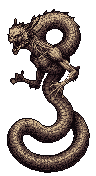 This pixel art depicts a menacing, skeletal dragon-like creature coiled against a stark black backdrop. Its emaciated form and gaping maw evoke a sense of ancient danger emerging from the shadows.
