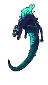 This pixel art showcases a powerful, otherworldly dragon in mid-attack, its dark scales contrasting with glowing cyan accents. The creature's menacing design and dynamic pose evoke a sense of dark fantasy and immense power.