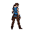 This pixel art depicts a determined female character in a dynamic pose, possibly an adventurer ready for action. Her earthy tones are accented by a vibrant blue top, creating a nostalgic and focused design.