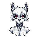 This pixel art portrait features a somber, white-furred canine with striking red eyes that pierce through the stark black background. The character, adorned with a studded collar and cross pendant, exudes a melancholic and mysterious aura.
