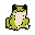This pixel art features a charming, squat frog-like creature with a simple, direct gaze and a mysterious white marking on its face. Its minimalist design and muted colors evoke a nostalgic, early video game aesthetic.