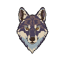 This pixel art image showcases a stoic wolf head, rendered in muted grey-blue and brown tones with striking yellow-orange eyes. The symmetrical, forward-facing portrait captures the wolf's quiet intensity and wild spirit.