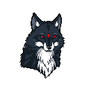 A stylized, pixelated wolf head stares intensely with glowing red eyes, marked with a mysterious red cross on its forehead, creating an ominous and unsettling digital portrait.