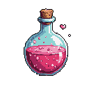 A vibrant, bubbling pink potion shimmers within a light blue glass bottle, its magical essence escaping in a flurry of pink pixels. This stylized pixel art evokes a sense of enchanting fantasy and potential.