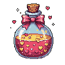 This pixel art showcases an enchanting potion bottle filled with shimmering, heart-infused pink and gold liquid, sealed with a cork and adorned with a silky red bow. The magical aura and floating hearts evoke a feeling of love and romance.