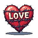 A pixel art heart, wrapped in barbed wire, poignantly spells out "LOVE," capturing the bittersweet tension between affection and pain.