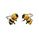 Two stylized pixel art bees with vibrant yellow and black stripes face each other in a simple, cute design. Their translucent wings suggest movement, creating a whimsical feel against the stark black background.