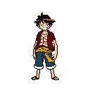This pixel art features a cheerful Luffy from One Piece, instantly recognizable with his iconic straw hat and beaming smile. The simple, warm color palette and confident pose capture his energetic personality.