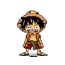 This pixel art depicts a chibi Luffy from One Piece in a dynamic pose, expressing a comical yell or surprised reaction against a stark black background. The vibrant colors and exaggerated features capture the character's energetic personality in a retro style.