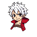 This pixel art portrait features a confident young man with spiky white hair and a mischievous grin. The vibrant image focuses on his expressive face and the striking red of his jacket against a stark black background.