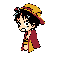 This vibrant pixel art captures the energetic spirit of Monkey D. Luffy, grinning mischievously with his signature straw hat and red vest. The One Piece protagonist's determined gaze and dynamic pose are brought to life in a limited but impactful color palette.