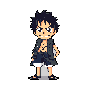 This pixel art depicts a confident, chibi-style Monkey D. Luffy, grinning mischievously with his iconic straw hat and scarred chest. The simplified design captures his energetic spirit in a nostalgic, video game aesthetic.