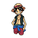 A confident pixel art character with a toothy grin stands out against a stark black background, exuding an energetic and adventurous vibe. He's dressed in vibrant reds, blues, and teals, complete with a straw hat, adding to his playful demeanor.