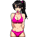 A playful pixel art image features a woman in a bright pink bikini, hands clasped behind her back, with her tongue playfully sticking out to touch a sweet treat. The high-contrast design against a black background emphasizes her figure and creates an inviting, slightly suggestive vibe.
