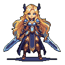 A poised female warrior, rendered in detailed pixel art, stands ready with dual glowing swords and ornate golden armor. Her confident stance and serene expression embody strength and elegance.