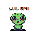 A cute, green, pixelated alien expresses surprise or excitement, mouth agape and eyes wide, as the glitched text "LUL UP!!" suggests it's leveling up in a game.