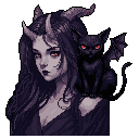 A captivating pixel art bust features a demonic woman with striking red eyes and horns, gazing intensely alongside her winged, cat-like familiar. The dark color palette and intense stares create an enigmatic and subtly alluring atmosphere.