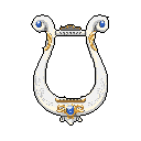 This pixel art showcases a beautifully detailed lyre, crafted from white with golden filigree and striking sapphire blue gemstones. The ornate design and luxurious color palette evoke a sense of ancient elegance and high fantasy.