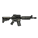 This pixel art image showcases a tan AR-15 style assault rifle in stark detail against a black background. The weapon's various components are clearly defined in a muted, tactical color scheme.