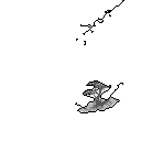 A lone, abstract pixelated form bursts forth from the darkness, its jagged edges and upward motion suggesting a creature materializing or a chaotic explosion of energy. The stark black background emphasizes the subject's solitary emergence and otherworldly nature.